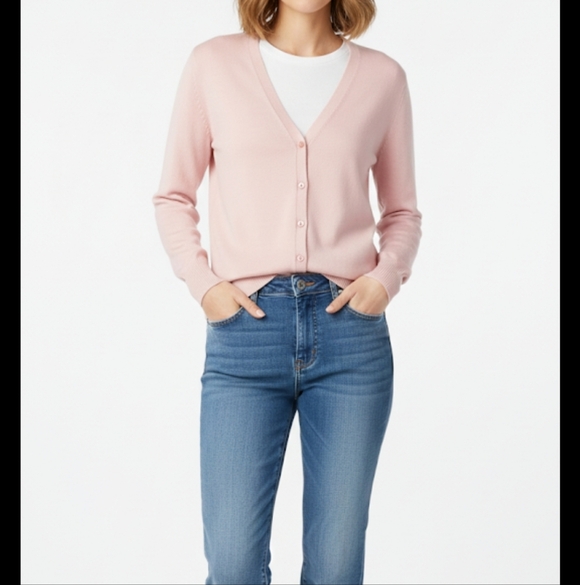 Tribal Sweaters - Tribal woman's pink buttondown cardigan sweater size M